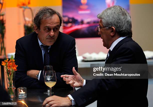 Michel Platini , President of the Union of European Football Associations and Enrique Cerezo, Athletico Madrid President speak during the UEFA Europa...