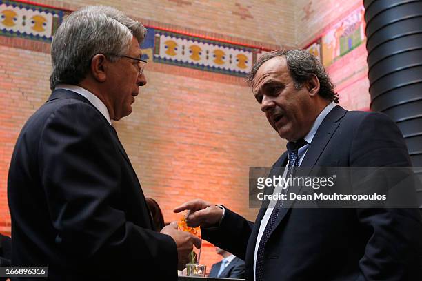 Michel Platini , President of the Union of European Football Associations and Enrique Cerezo, Athletico Madrid President speak during the UEFA Europa...