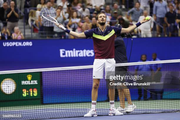 Daniil Medvedev of Russia celebrates after defeating Carlos Alcaraz of Spain during their Men's Singles Semifinal match on Day Twelve of the 2023 US...