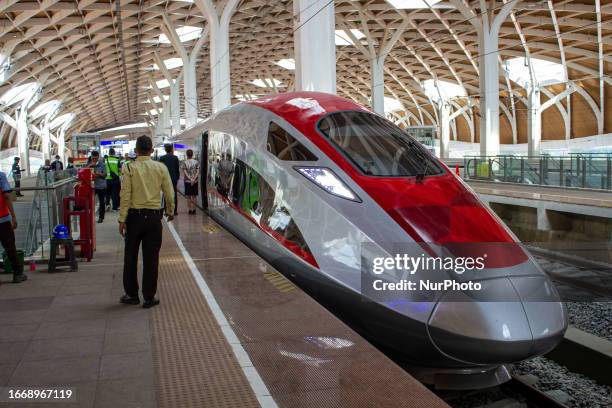 Electrical Multiple Units train seen at Halim high-speed railway station on September 16, 2023 in Jakarta, Indonesia. PT Kereta Cepat Indonesia China...