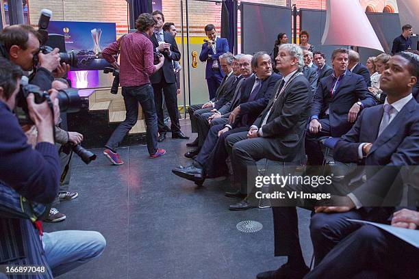 Burgermeester Eberhard van der Laan, Michel Platini, Michael van Praag during the UEFA Europa League trophy handover ceremony on April 18, 2013 at...