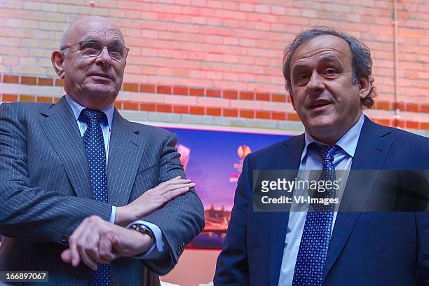 Michael van Praag, Michel Platini during the UEFA Europa League trophy handover ceremony on April 18, 2013 at Amsterdam, The Netherlands.