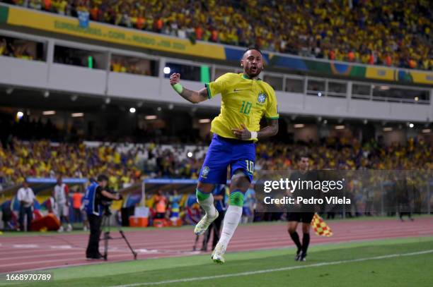 Neymar Jr. Of Brazil celebrates after scoring the fifth goal of his team during a FIFA World Cup 2026 Qualifier match between Brazil and Bolivia at...