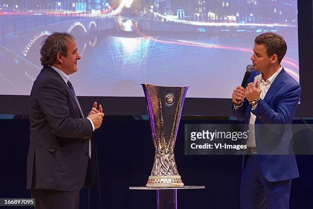 Michel Platini, Wilfred Genee during the UEFA Europa League trophy handover ceremony on April 18, 2013 at Amsterdam, The Netherlands.