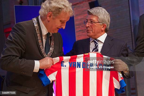 Burgermeester Eberhard van der Laan, chairman Atletico Madrid Enrique Cerezo during the UEFA Europa League trophy handover ceremony on April 18, 2013...