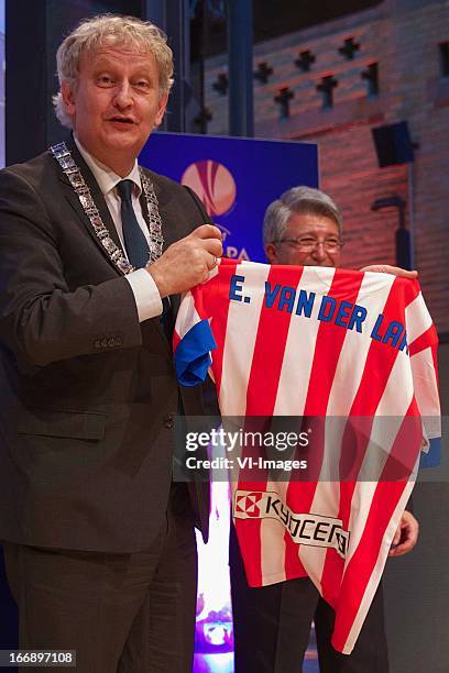 Burgermeester Eberhard van der Laan during the UEFA Europa League trophy handover ceremony on April 18, 2013 at Amsterdam, The Netherlands.