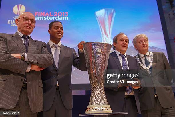 Michael van Praag, Patrick Kluivert, Michel Platini, burgermeester Eberhard van der Laan during the UEFA Europa League trophy handover ceremony on...