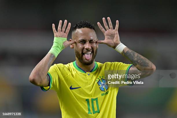 Neymar Jr. Of Brazil celebrates after scoring the fifth goal of his team during a FIFA World Cup 2026 Qualifier match between Brazil and Bolivia at...