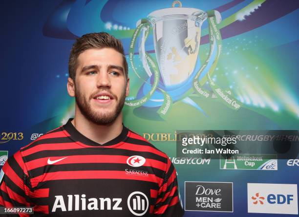 Will Fraserspeaks to the press during a media session to preview the Heineken Cup semi final match between Saracens and Toulon at Twickenham Stadium...