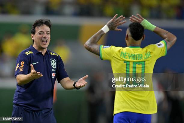 Neymar Jr. Of Brazil celebrates with Fernando Diniz, head coach of Brazil, after scoring the fifth goal of his team during a FIFA World Cup 2026...