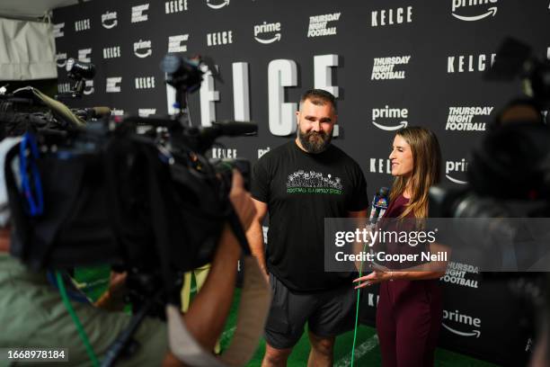 Jason Kelce is interviewed during the Kelce documentary premiere at Suzanne Roberts Theater on September 8, 2023 in Philadelphia, Pennsylvania.