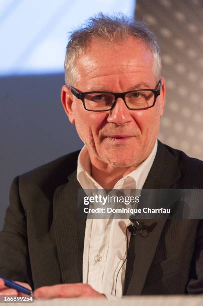 Thierry Frémaux attends the 66th Cannes Film Festival Official Selection Presentation - Press Conference at Cinema UGC Normandie on April 18, 2013 in...