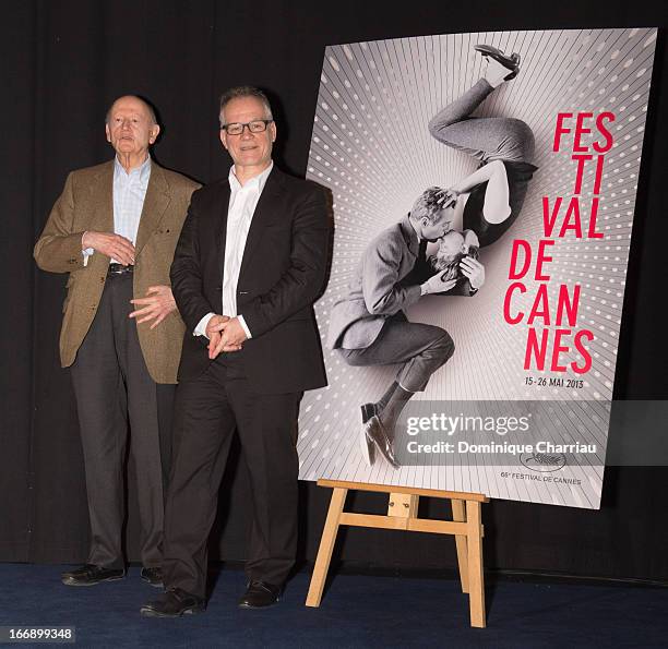 Gilles Jacob and Thierry Fremaux attends the 66th Cannes Film Festival Official Selection Presentation - Press Conference at Cinema UGC Normandie on...