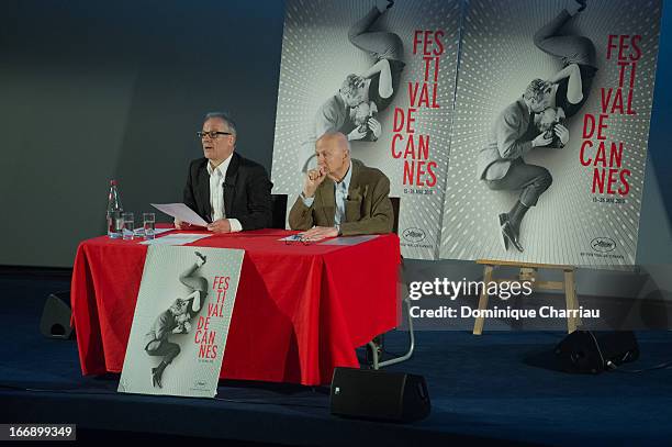 Thierry Fremaux and Gilles Jacob attends the 66th Cannes Film Festival Official Selection Presentation - Press Conference at Cinema UGC Normandie on...