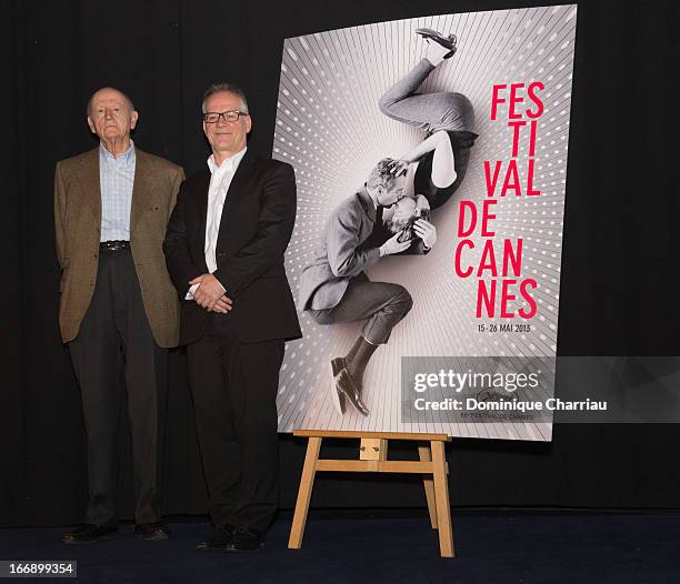 Gilles Jacob and Thierry Fremaux attends the 66th Cannes Film Festival Official Selection Presentation - Press Conference at Cinema UGC Normandie on...