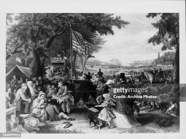 Illustration showing a large, old fashioned Independence day, Fourth of July, celebration with the flag of the USA on display, circa 1855-1869.