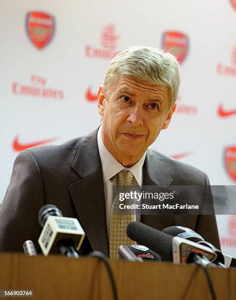 Arsene Wenger manager of Arsenal during a press conference at Emirates Stadium on April 18, 2013 in London, England.