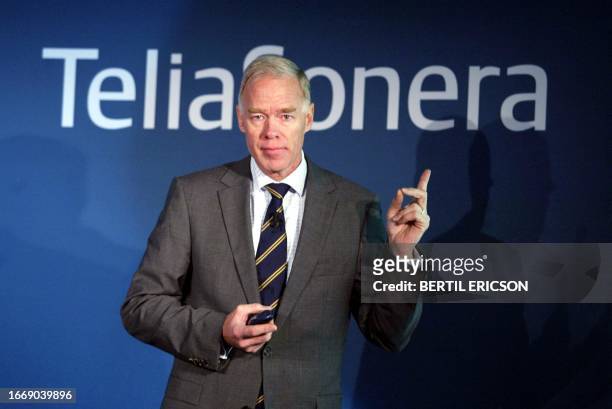 TeliaSonera CEO Anders Igel speaks during a press conference reporting the better-than-expected third-quarter results 27 October 2004 in Stockholm,...