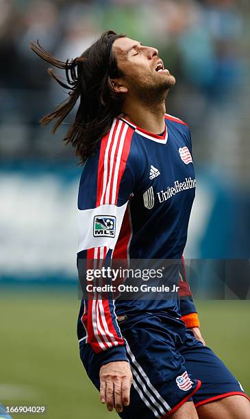 Juan Toja of the New England Revolution reacts against the Seattle Sounders FC at CenturyLink Field on April 13, 2013 in Seattle, Washington.