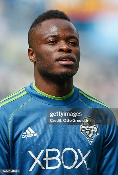 Steve Zakuani of the Seattle Sounders FC looks on prior to the match against the New England Revolution at CenturyLink Field on April 13, 2013 in...