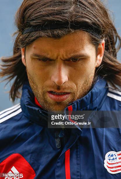 Juan Toja of the New England Revolution looks on prior to the match against the Seattle Sounders FC at CenturyLink Field on April 13, 2013 in...