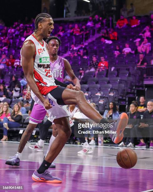Alex Sarr of the Perth Wildcats reacts after dunking against G League Ignite in the second half of an NBA G League Fall Invitational game on...