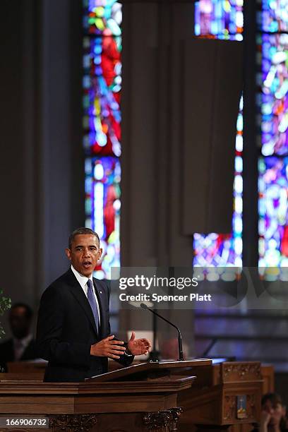 President Barack Obama speaks at an interfaith prayer service for victims of the Boston Marathon attack titled "Healing Our City," at the Cathedral...
