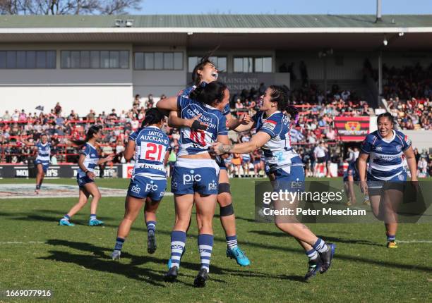 Auckland players react to the final whistle in the 39-27 win during the Farah Palmer Cup Premiership Final match between Canterbury and Auckland at...