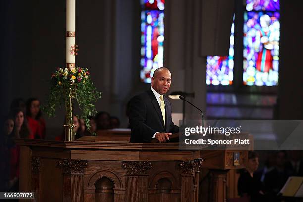 Massachusetts Gov. Deval Patrick speaks at an interfaith prayer service for victims of the Boston Marathon attack titled "Healing Our City," at the...