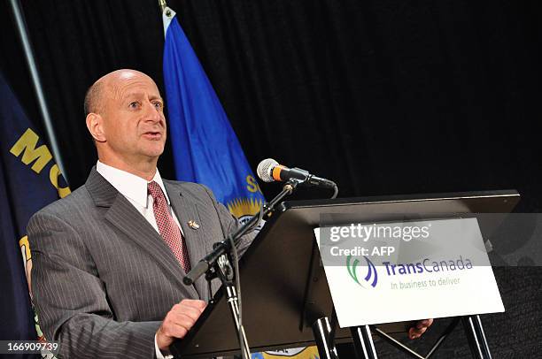 Vern Meier, Vice President Pipeline Safety for TransCanada, speaks during a press conference on April 18, 2013 in Grand Island, Nebraska. Supporters...