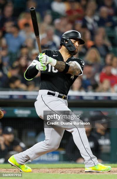 Yoan Moncada of the Chicago White Sox bats against the Detroit Tigers during the seventh inning at Comerica Park on September 8, 2023 in Detroit,...