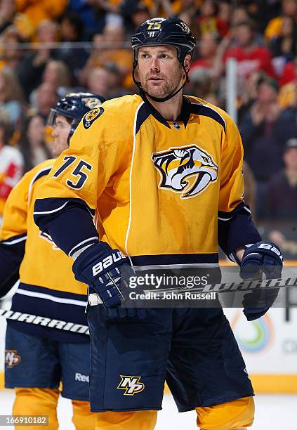 Hal Gill of the Nashville Predators skates against the Detroit Red Wings during an NHL game at the Bridgestone Arena on April 14, 2013 in Nashville,...