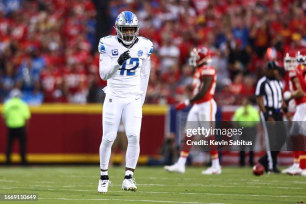 Jalen Reeves-Maybin of the Detroit Lions celebrates after a successful fake punt during the first quarter of an NFL football game against the Kansas...