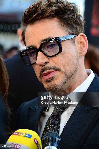 Robert Downey Jr is interviewed at the Special Screening of Iron Man 3 on April 18, 2013 in London, England.