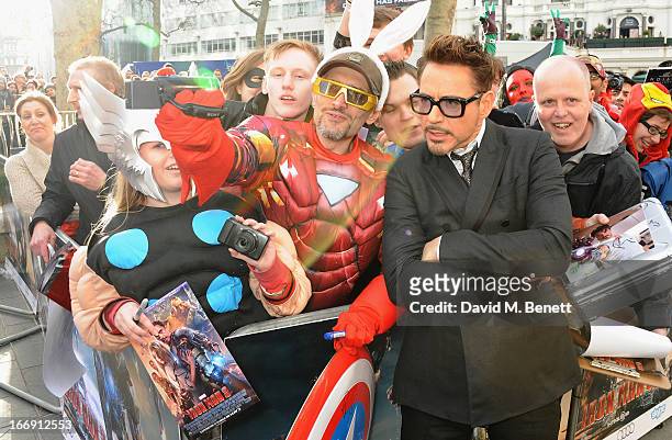 Actor Robert Downey Jr attends the "Iron Man 3" Special Screening at the Odeon Leicester Square on April 18, 2013 in London, England.