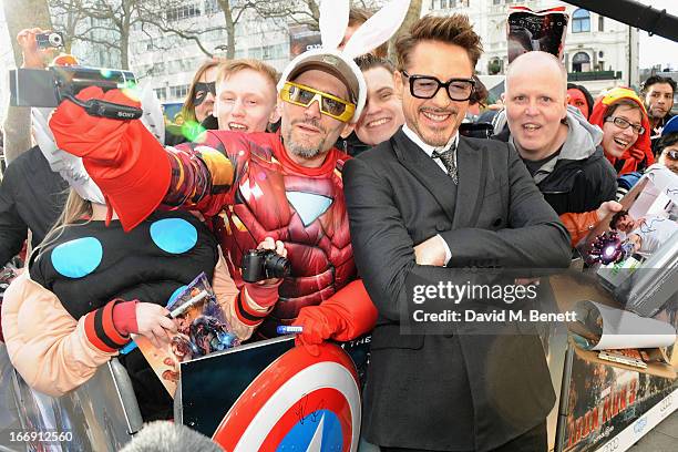 Actor Robert Downey Jr attends the "Iron Man 3" Special Screening at the Odeon Leicester Square on April 18, 2013 in London, England.