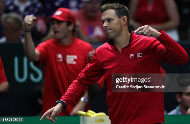 Captain Bob Bryan of the United States reacts during the 2023 Davis Cup Finals Group D Stage match between Mackenzie McDonald of the United States...