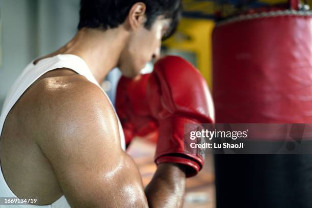 asian men practice boxing with sandbags in the gym. - muay thai fotografías e imágenes de stock