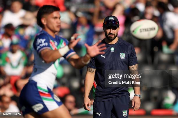 Injured Warriors player Shaun Johnson looks on during warm up ahead of the NRL Qualifying Final match between Penrith Panthers and New Zealand...