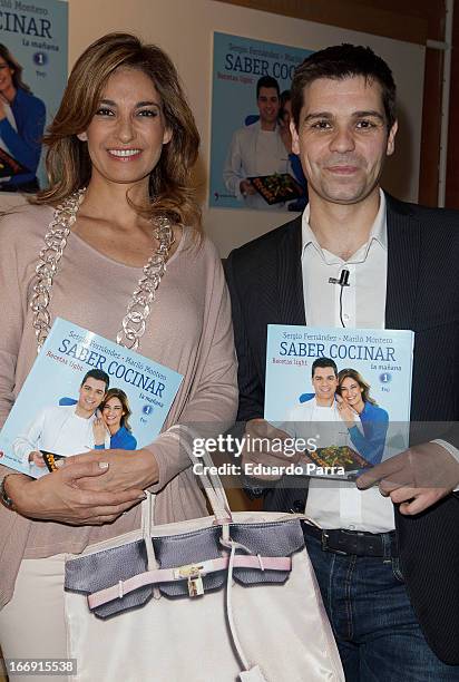 Marilo Montero and Sergio Fernandez attend 'Saber Cocinar. Recetas Ligjt' press conference at El Circulo de Lectores on April 18, 2013 in Madrid,...