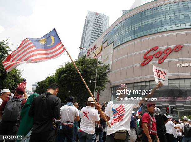 Protester waves a Malaysia flag and placard during the Save Malaysia rally. Protesters rally against the controversial decision to halt the...