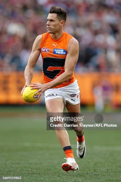 Josh Kelly of the Giants runs with the ball during the Second Elimination Final AFL match between St Kilda Saints and Greater Western Sydney Giants...