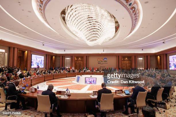 Prime Minister Narendra Modi of India welcomes leaders during opening session of the G20 Leaders' Summit on September 9, 2023 in New Delhi, Delhi....