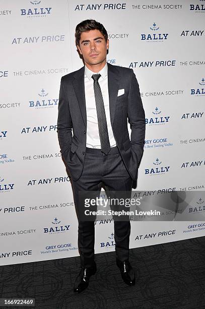 Actor Zac Efron attends the Cinema Society & Bally screening of Sony Pictures Classics' "At Any Price" at Landmark Sunshine Cinema on April 18, 2013...