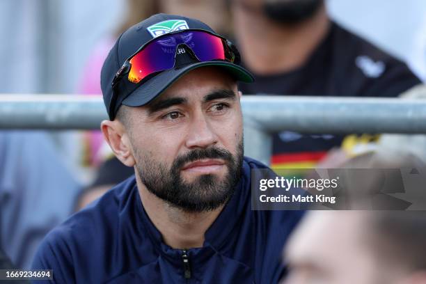 Injured Warriors player Shaun Johnson looks on during the NRL Qualifying Final match between Penrith Panthers and New Zealand Warriors at BlueBet...