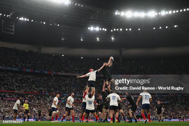 General view of the inside of the stadium as Brodie Retallick of New Zealand wins a lineout for New Zealand during the Rugby World Cup France 2023...