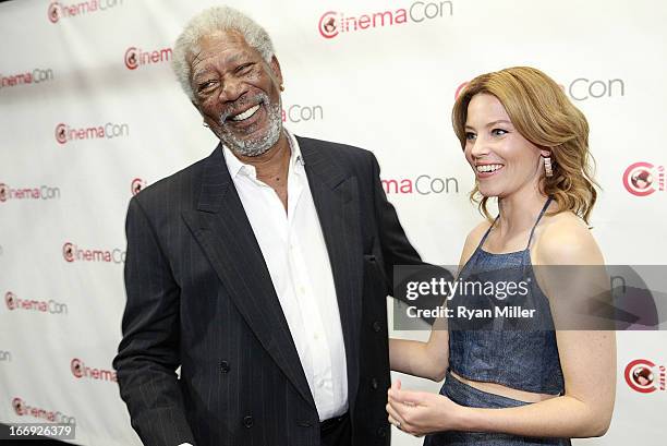 Actors Morgan Freeman and Elizabeth Banks attend the Lionsgate CinemaCon Press Conference Invitational : An Exclusive Product Presentation...