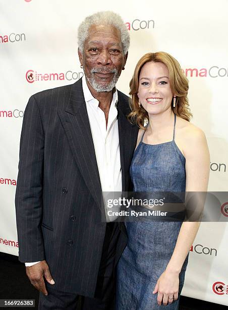 Actors Morgan Freeman and Elizabeth Banks attend the Lionsgate CinemaCon Press Conference Invitational : An Exclusive Product Presentation...