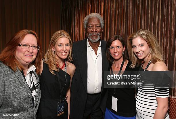 Actor Morgan Freeman poses with guests prior to the Lionsgate CinemaCon Press Conference Invitational : An Exclusive Product Presentation...