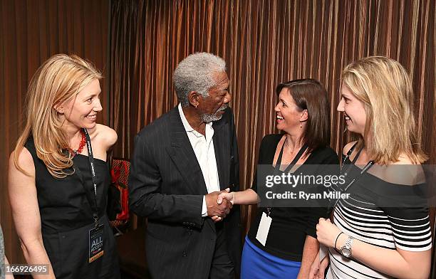 Actor Morgan Freeman poses with guests prior to the Lionsgate CinemaCon Press Conference Invitational : An Exclusive Product Presentation...